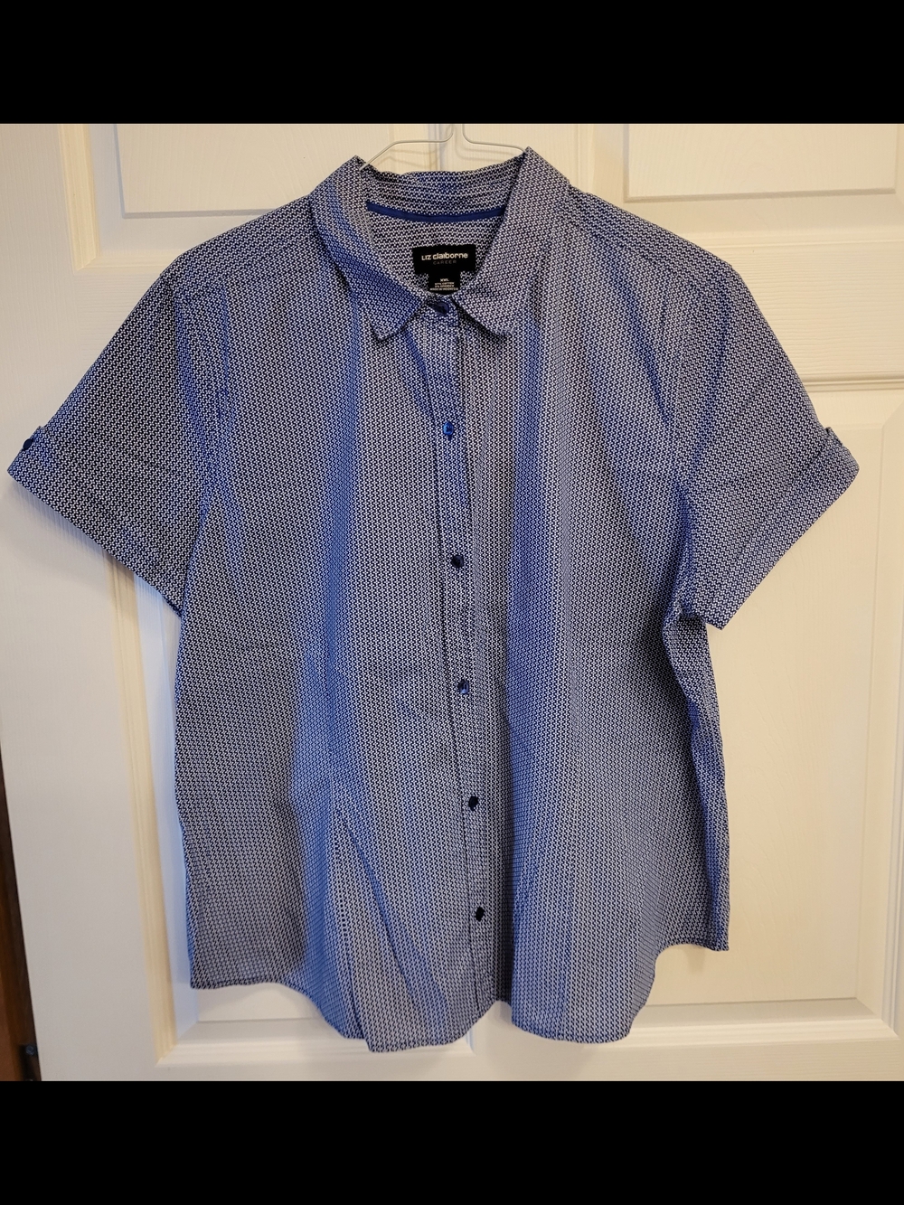 Liz Claiborne Women's Short Sleeve Blue Geometric Button-Up Blouse Sz. 2x